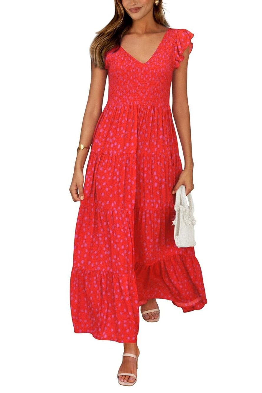 Pretty Garden Smocked Cap Sleeve V Neck Polka Dot Maxi Sundress Red Size XXL